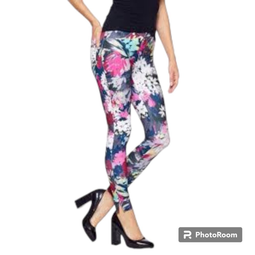 HUE NWT U16886 Multi Floral Split Hem Twill Faux Pocket‎ Leggings sz S